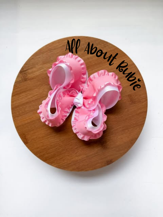 White With Pink Ruffle Classic Ribbon Bow CLIP